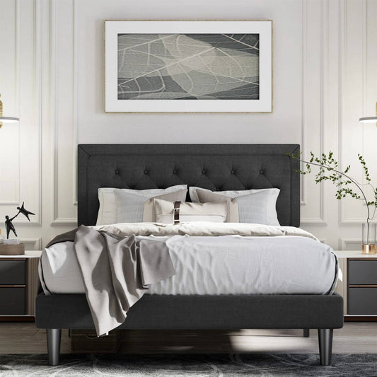 Base de cama de plataforma tapizada de lino negro Queen con cabecero con botones