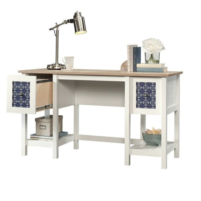 Escritorio de oficina con 2 cajones FarmHouse White Blue Oak Top - Hecho en EE. UU.