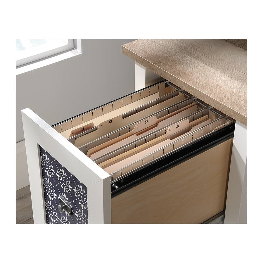 Escritorio de oficina con 2 cajones FarmHouse White Blue Oak Top - Hecho en EE. UU.