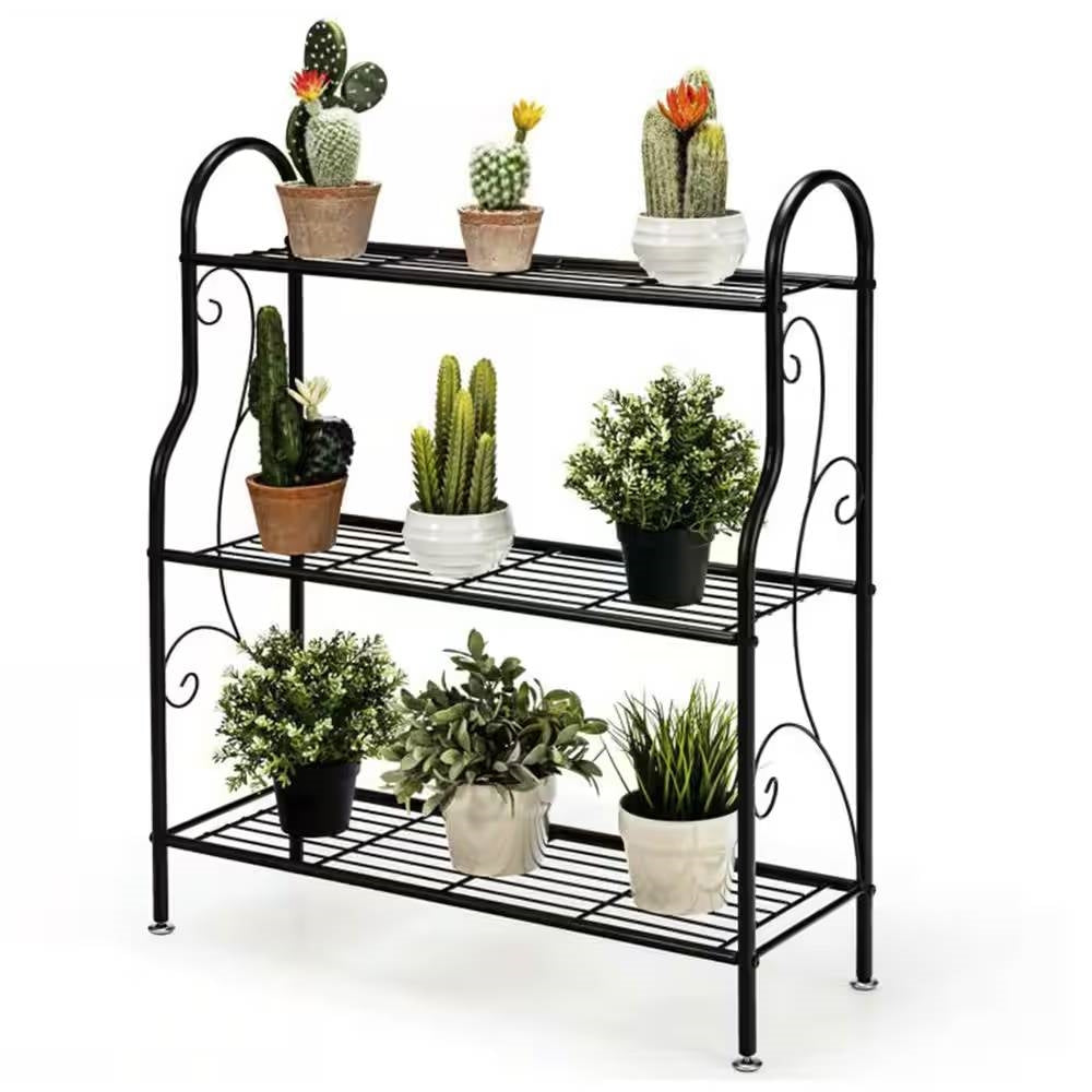 Estantería de 3 niveles de metal negro para interiores/exteriores, soporte para plantas