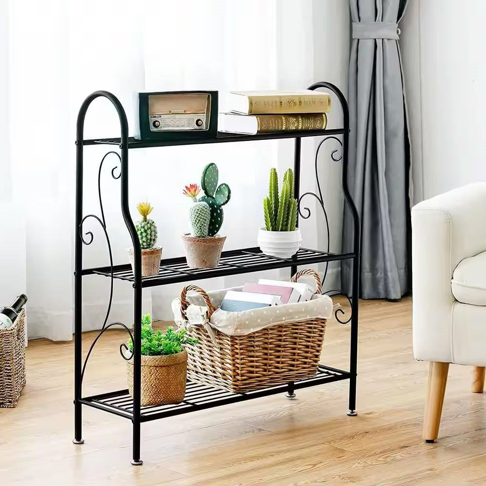 Estantería de 3 niveles de metal negro para interiores/exteriores, soporte para plantas