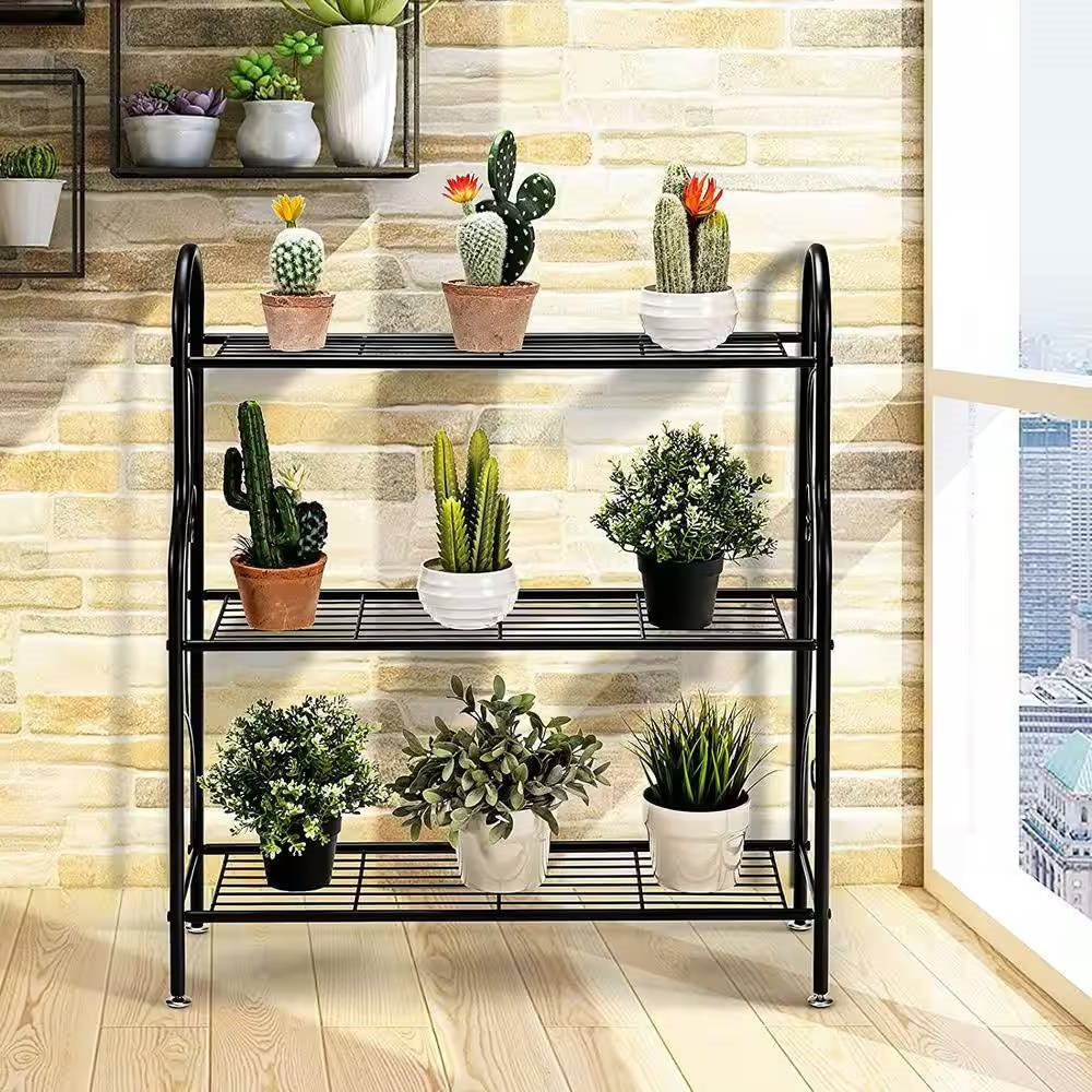 Estantería de 3 niveles de metal negro para interiores/exteriores, soporte para plantas
