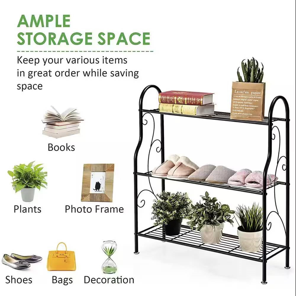 Estantería de 3 niveles de metal negro para interiores/exteriores, soporte para plantas