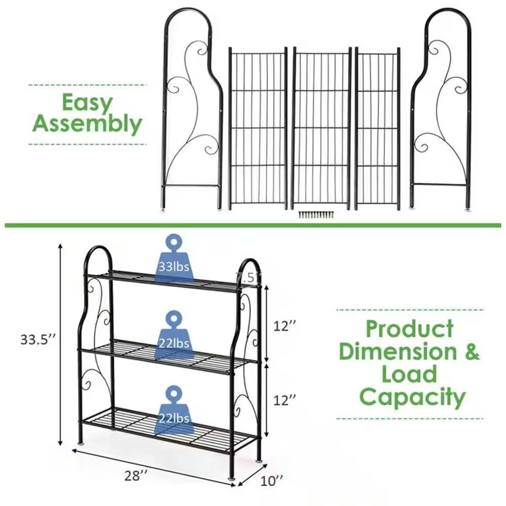 Estantería de 3 niveles de metal negro para interiores/exteriores, soporte para plantas