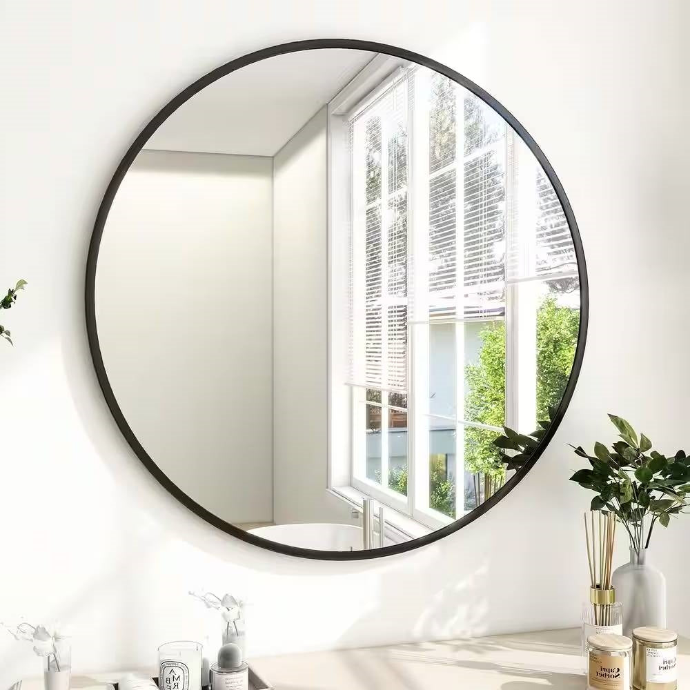 Espejo de pared circular para baño de 24 pulgadas con marco negro