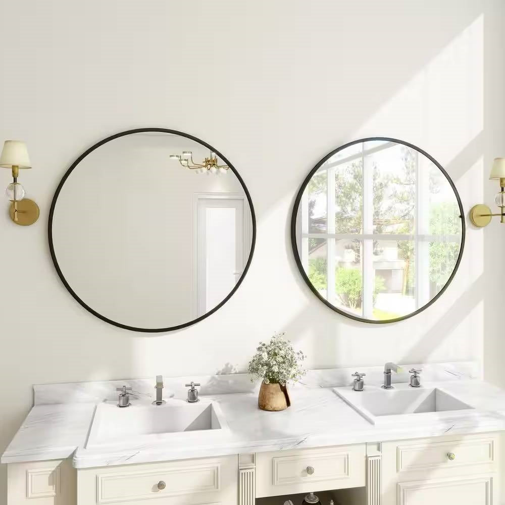 Espejo de pared circular para baño de 24 pulgadas con marco negro