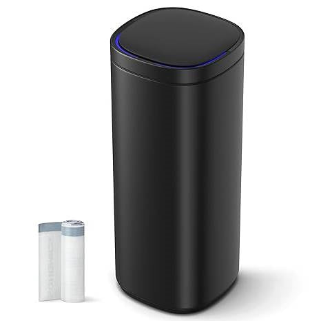 Cubo de basura negro de acero inoxidable de 13 galones con sensor de movimiento y botón de ozono
