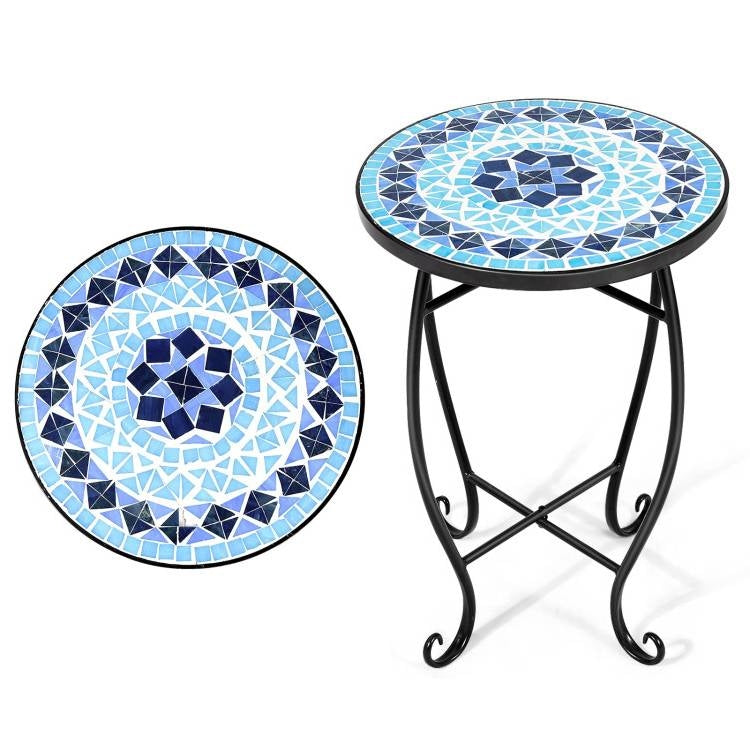Mesa Auxiliar Redonda Mosaico Azul para Interior/Exterior Soporte para Plantas
