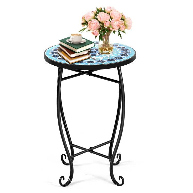Mesa Auxiliar Redonda Mosaico Azul para Interior/Exterior Soporte para Plantas