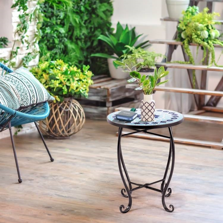 Mesa Auxiliar Redonda Mosaico Azul para Interior/Exterior Soporte para Plantas