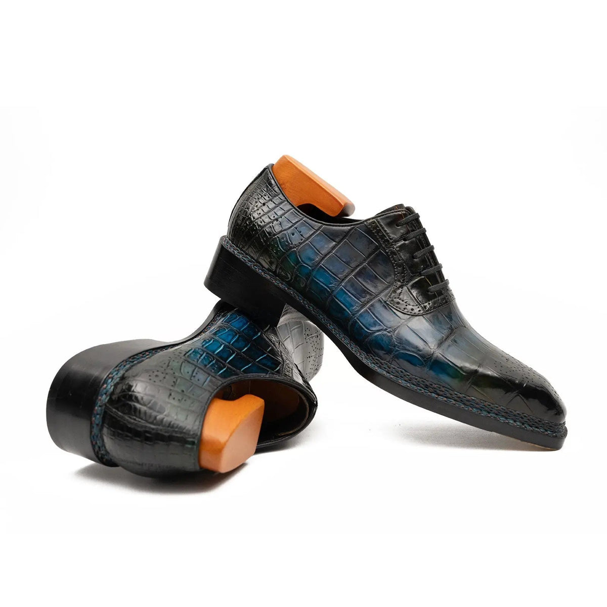 Blue-Black Crocodile Leather Derby Shoes