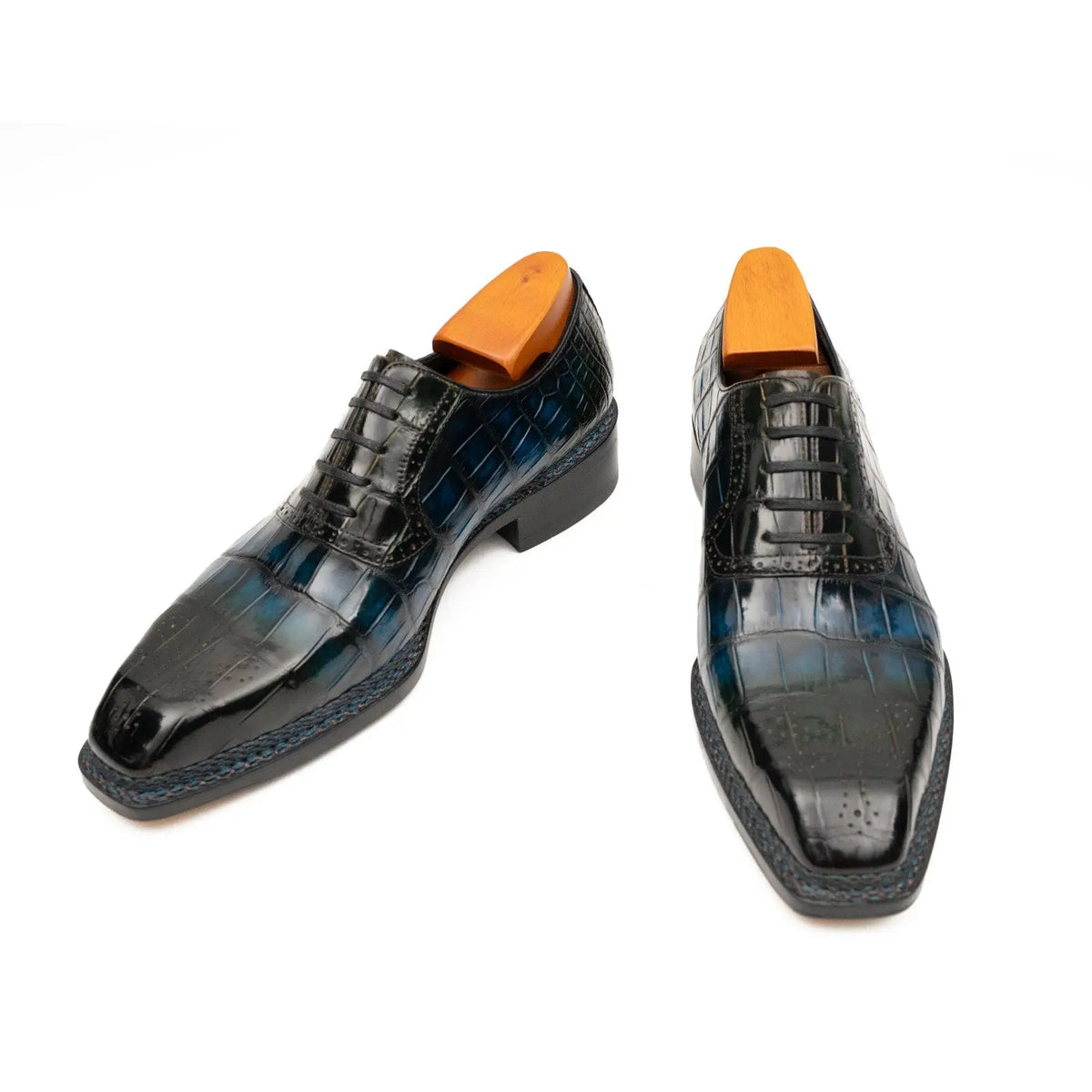 Blue-Black Crocodile Leather Derby Shoes