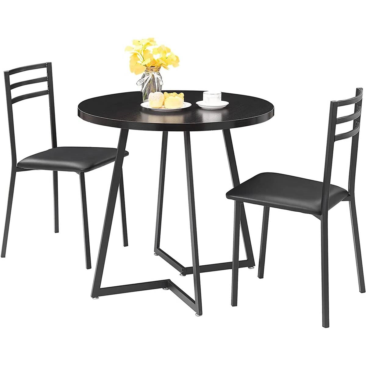 Juego de comedor moderno de 3 piezas para cocina con mesa redonda con tapa de madera negra y 2 sillas