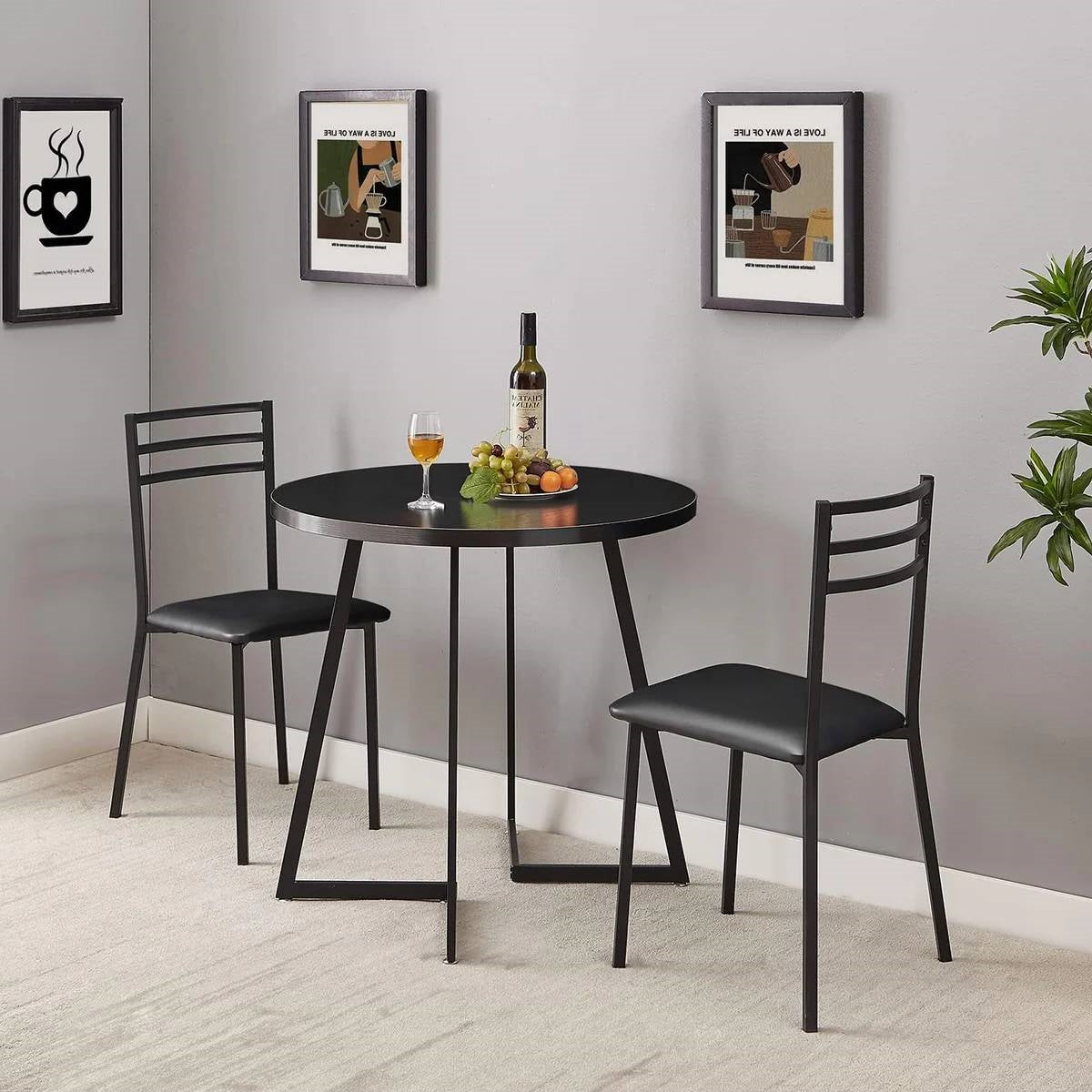 Juego de comedor moderno de 3 piezas para cocina con mesa redonda con tapa de madera negra y 2 sillas