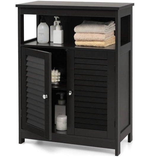 Armario de lino para baño, estilo granja, color negro, con puertas persiana y estante abierto