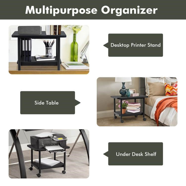 Soporte móvil multiusos de 2 niveles con ruedas para impresora, negro