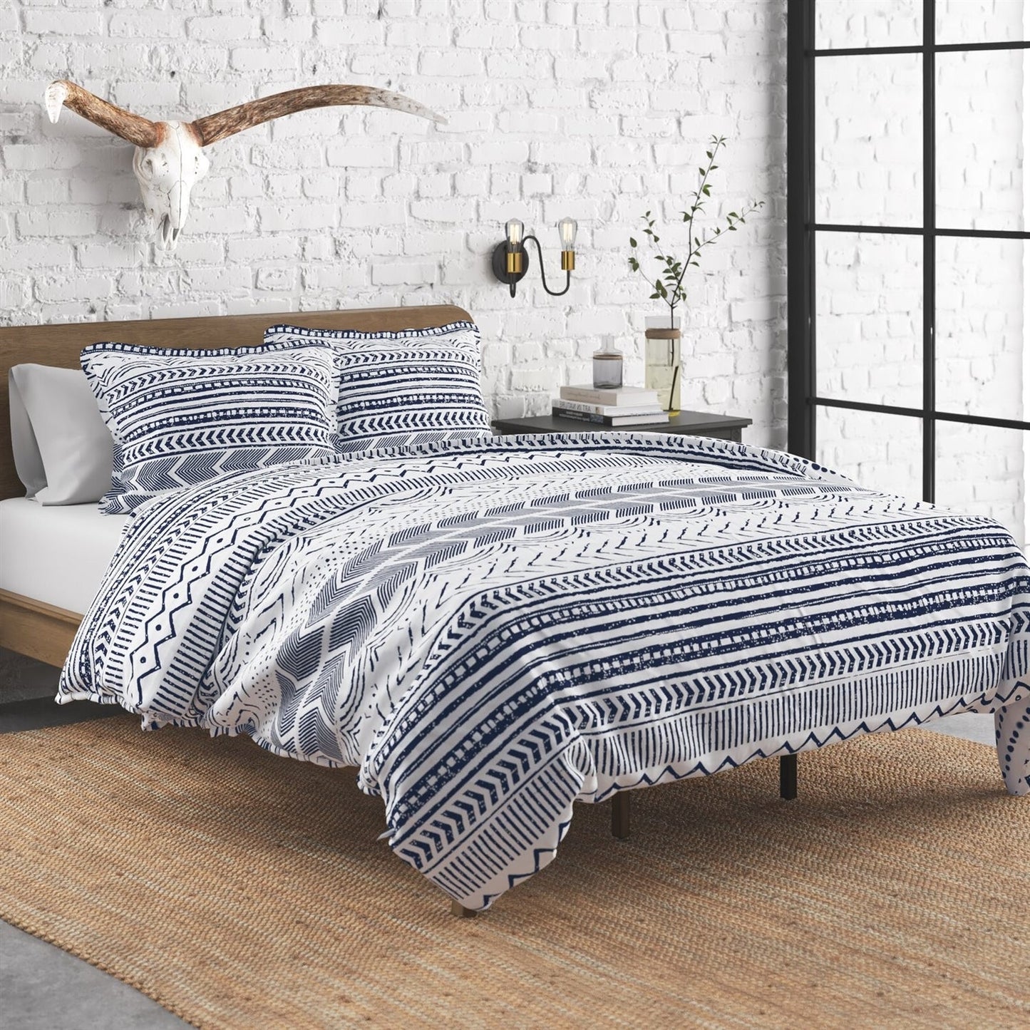 Juego de algodón reversible azul y blanco escandinavo de 3 piezas en tamaño matrimonial/queen