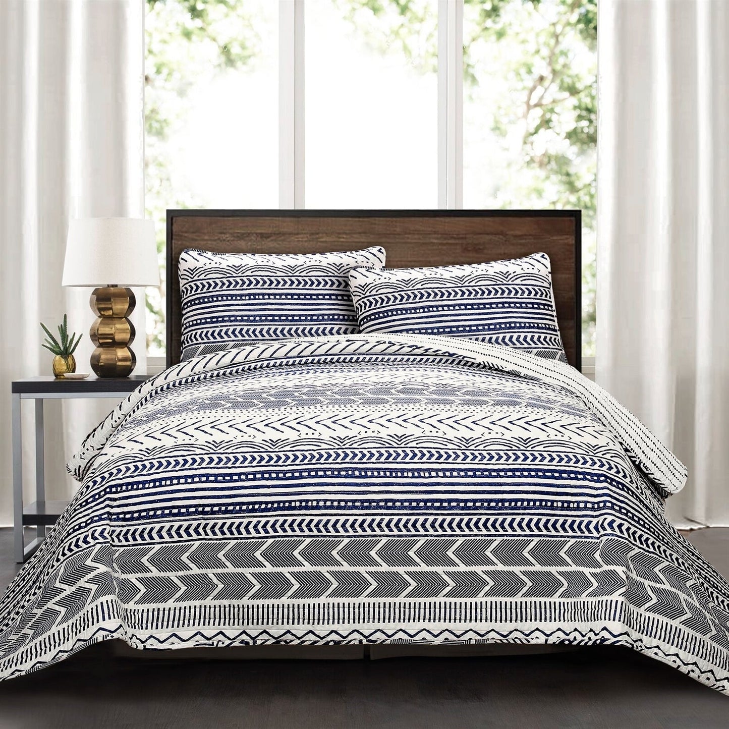 Juego de algodón reversible azul y blanco escandinavo de 3 piezas en tamaño matrimonial/queen