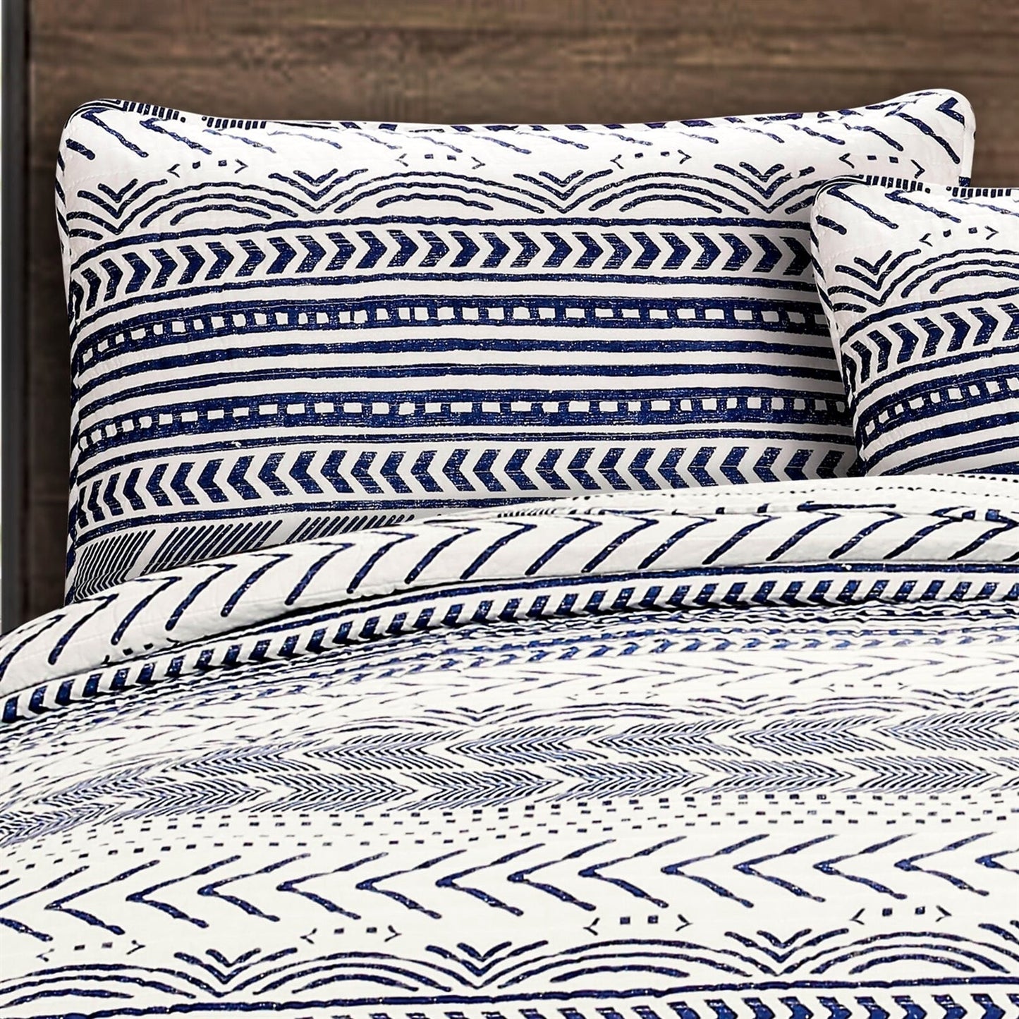 Juego de algodón reversible azul y blanco escandinavo de 3 piezas en tamaño matrimonial/queen