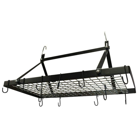 Estante rectangular de metal negro para ollas con 12 ganchos colgantes - Soporta hasta 18 kg.