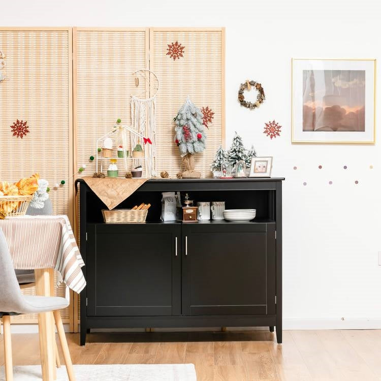 Aparador de comedor de 2 puertas de madera negra con estante abierto