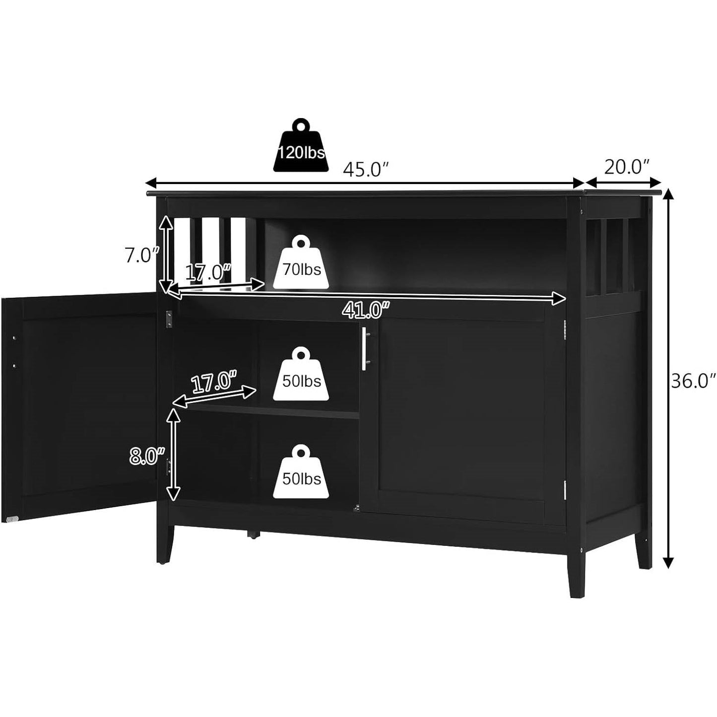 Aparador de comedor de 2 puertas de madera negra con estante abierto