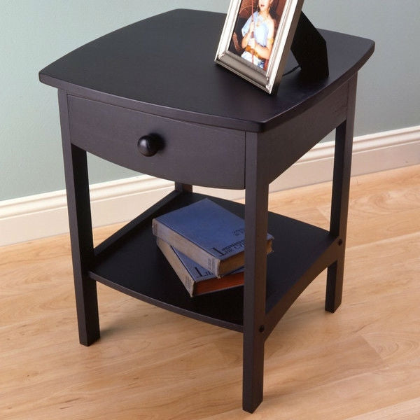 Mesa de Noche Negra de 1 Cajón para Dormitorio, Mesa Auxiliar Contemporánea