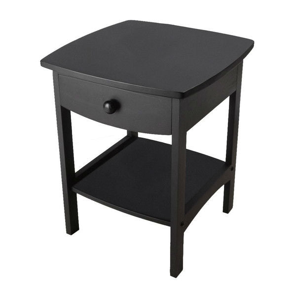 Mesa de Noche Negra de 1 Cajón para Dormitorio, Mesa Auxiliar Contemporánea