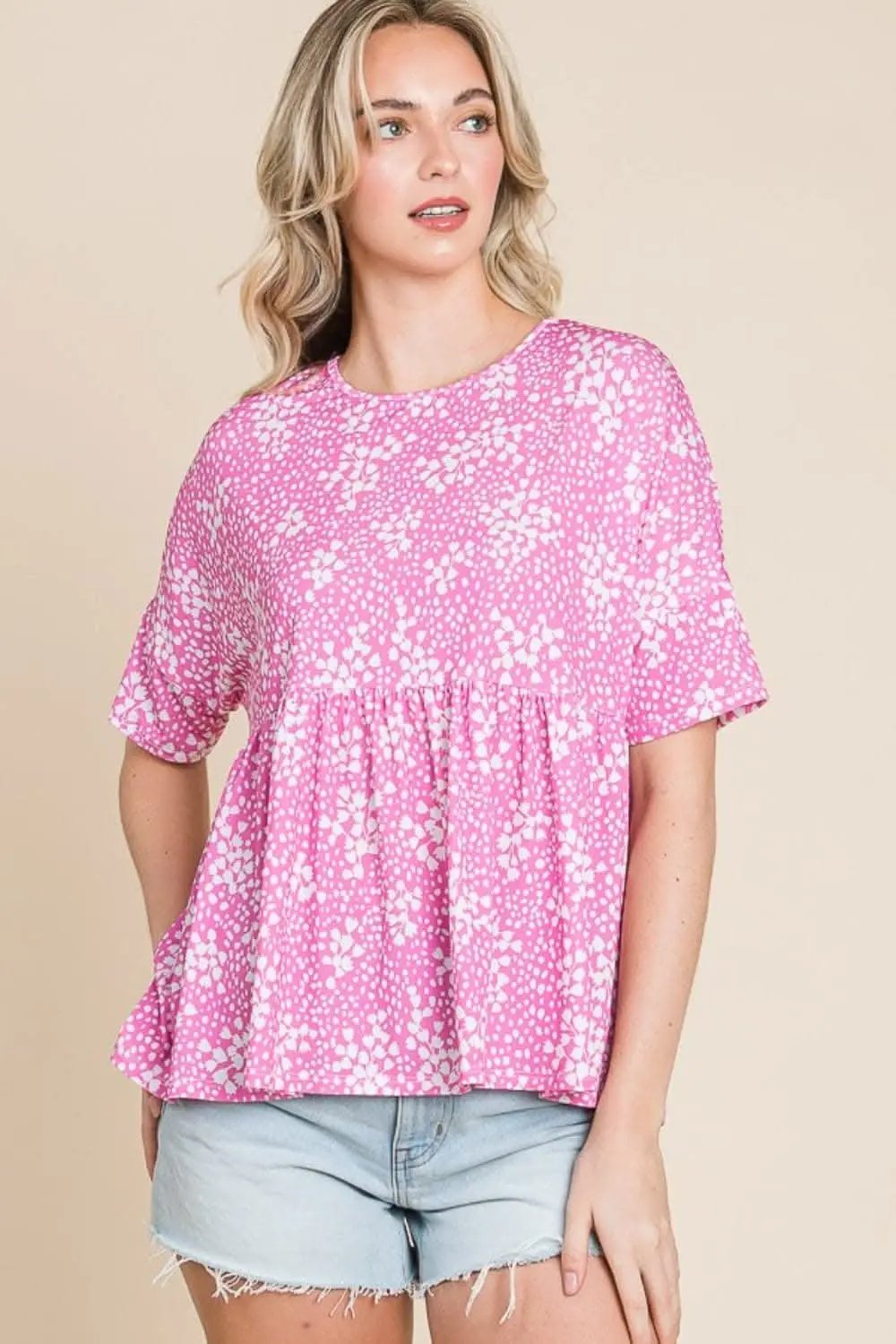 Trendsi Floral Peplum Blouse Round Neck — Spring Casual Style
