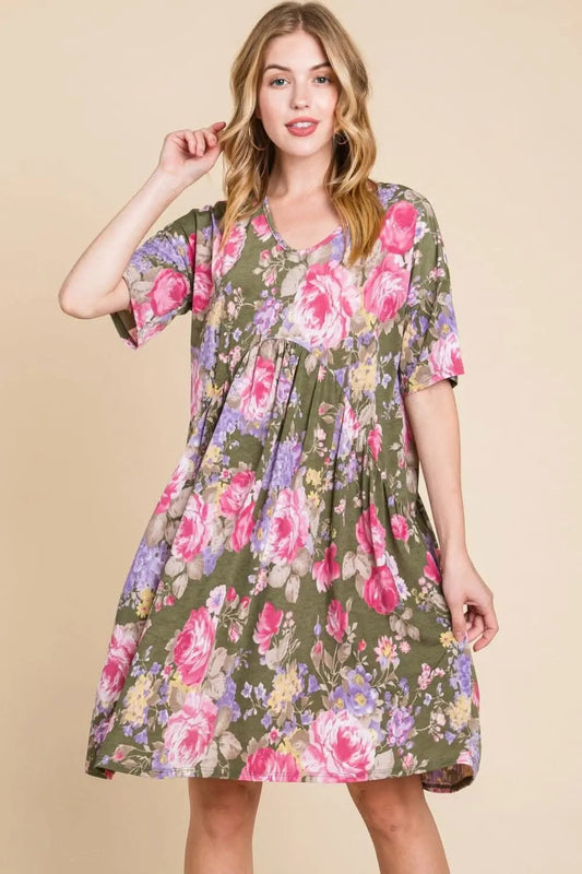 Vestidos Tendencias Vestido floral con cuello en V Vestido de fiesta casual para mujer Fruncido y favorecedor