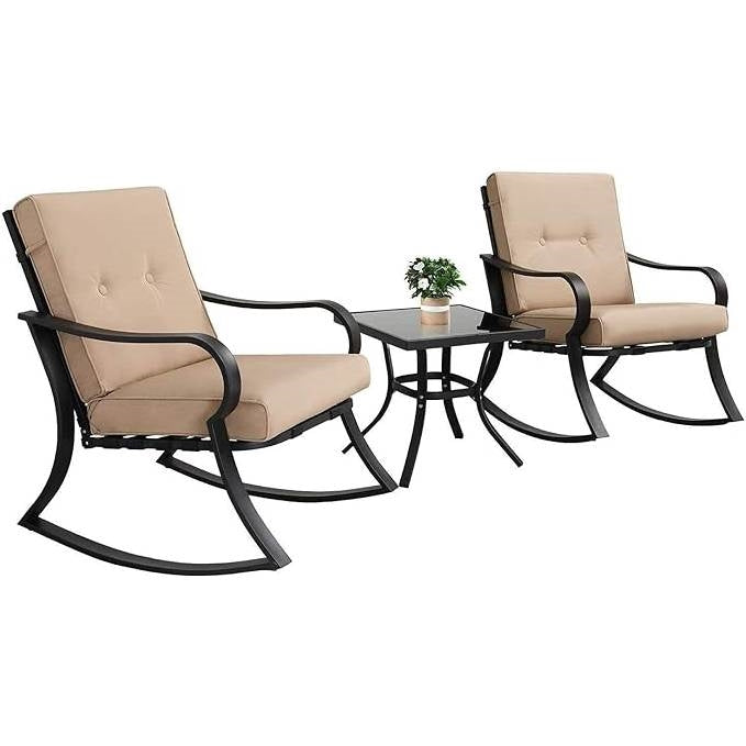Juego de mesa y mecedoras de jardín de 3 piezas con cojines beige