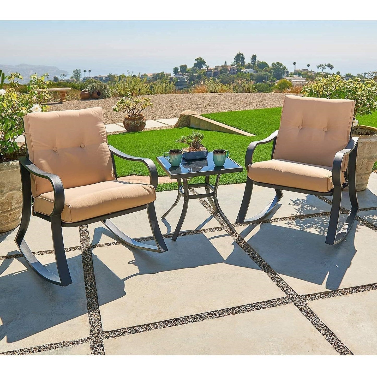 Juego de mesa y mecedoras de jardín de 3 piezas con cojines beige