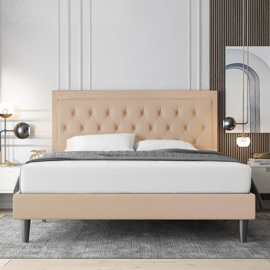 Base de cama Queen size con plataforma de lino beige y cabecero tapizado con botones