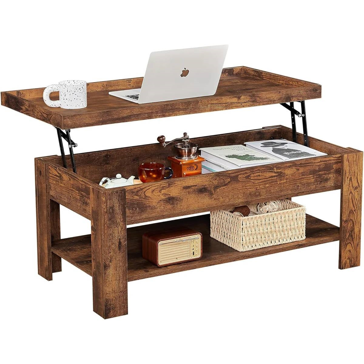 Mesa de centro moderna elevable con estante de almacenamiento en acabado de madera marrón