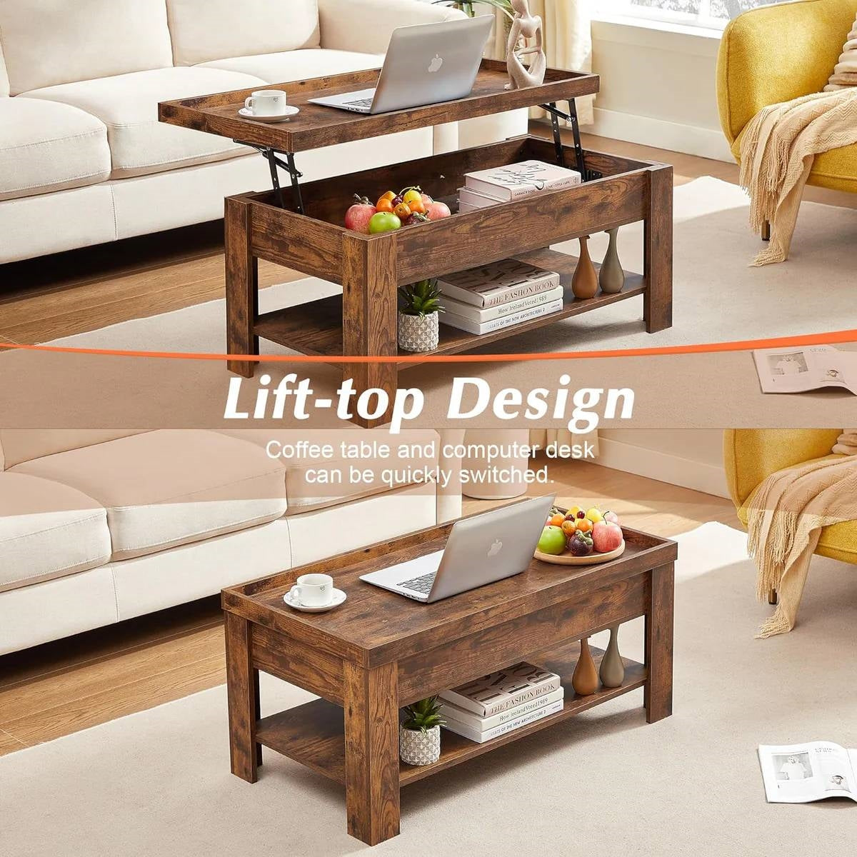 Mesa de centro moderna elevable con estante de almacenamiento en acabado de madera marrón