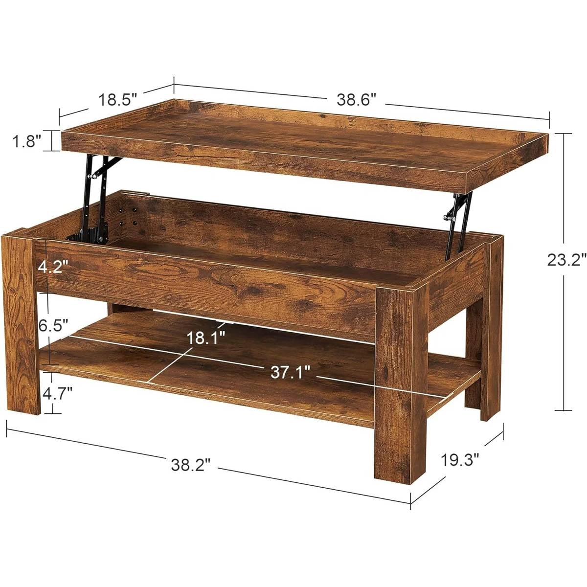 Mesa de centro moderna elevable con estante de almacenamiento en acabado de madera marrón