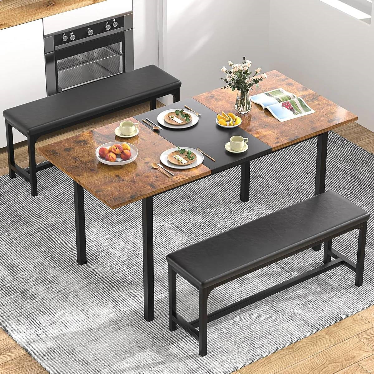 Juego de comedor moderno de 3 piezas con mesa de cocina extensible y 2 bancos sin respaldo