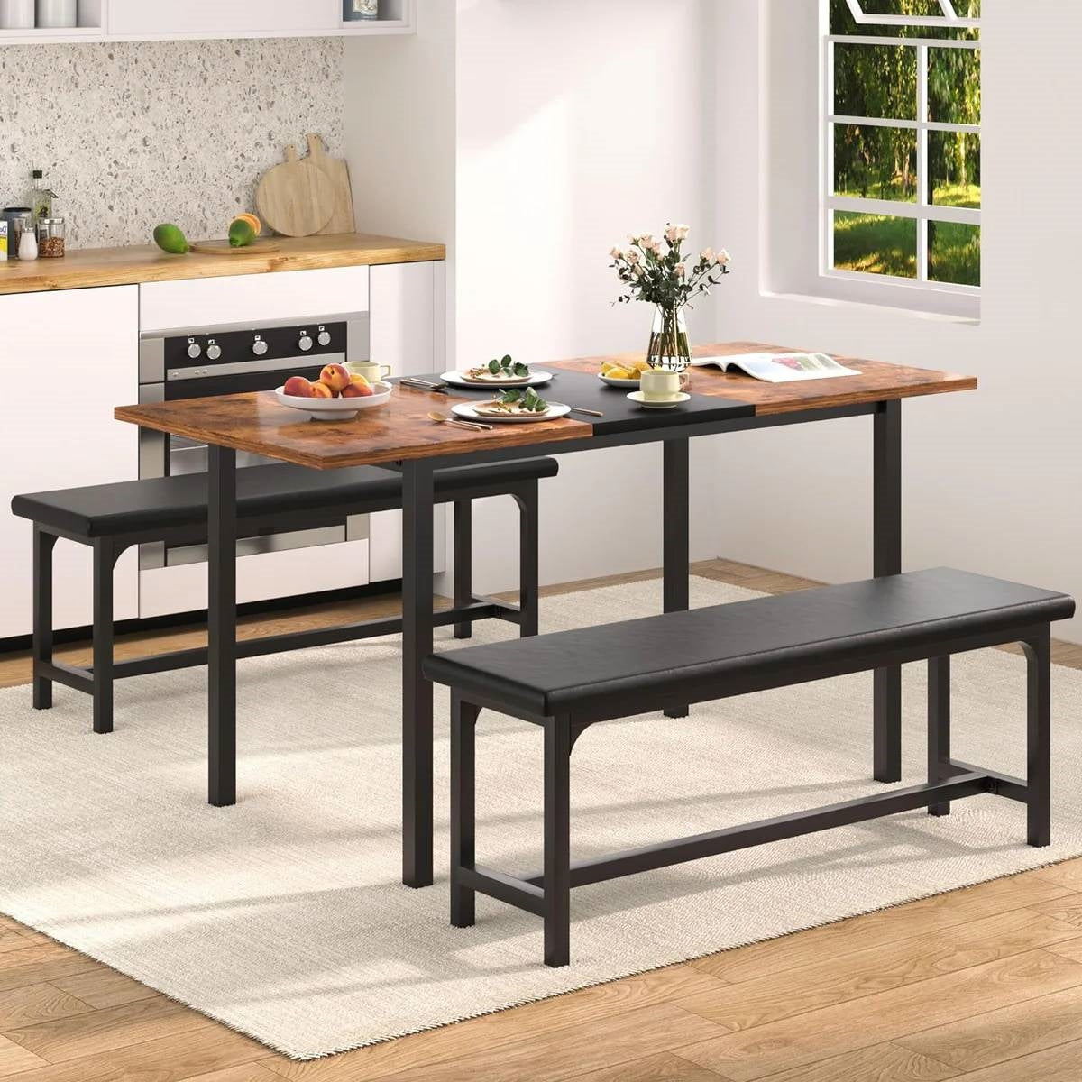 Juego de comedor moderno de 3 piezas con mesa de cocina extensible y 2 bancos sin respaldo