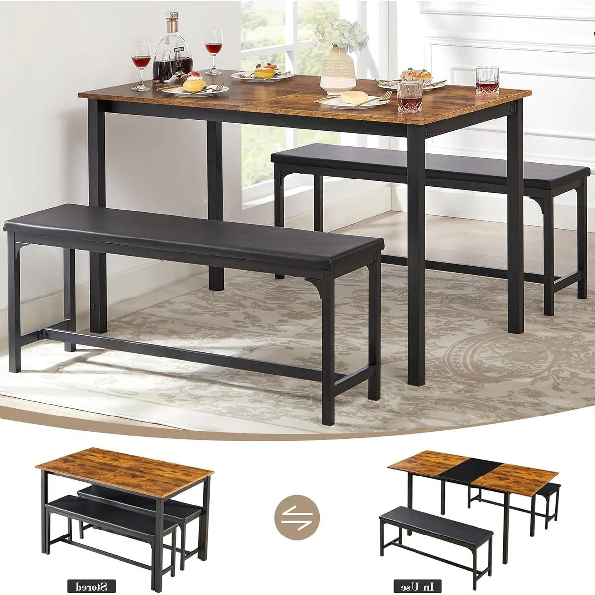 Juego de comedor moderno de 3 piezas con mesa de cocina extensible y 2 bancos sin respaldo