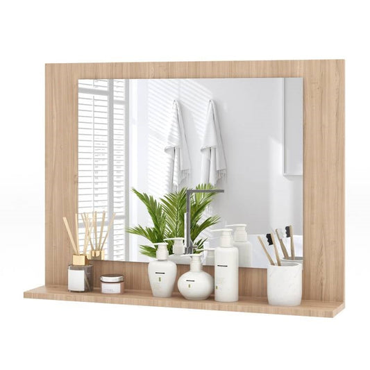 Espejo de pared rectangular para baño de 23 x 17 pulgadas con estante, acabado en madera marrón
