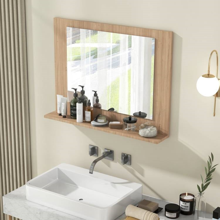 Espejo de pared rectangular para baño de 23 x 17 pulgadas con estante, acabado en madera marrón
