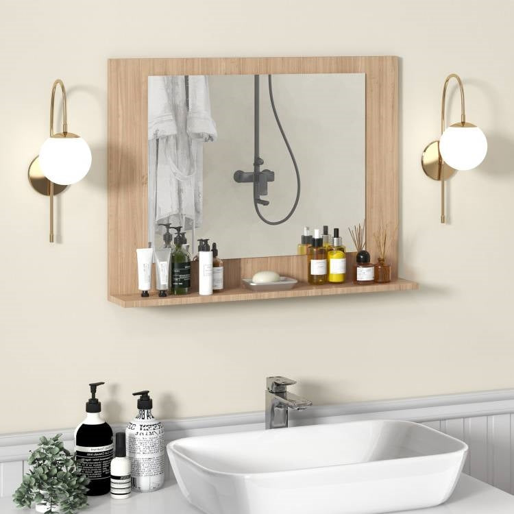 Espejo de pared rectangular para baño de 23 x 17 pulgadas con estante, acabado en madera marrón