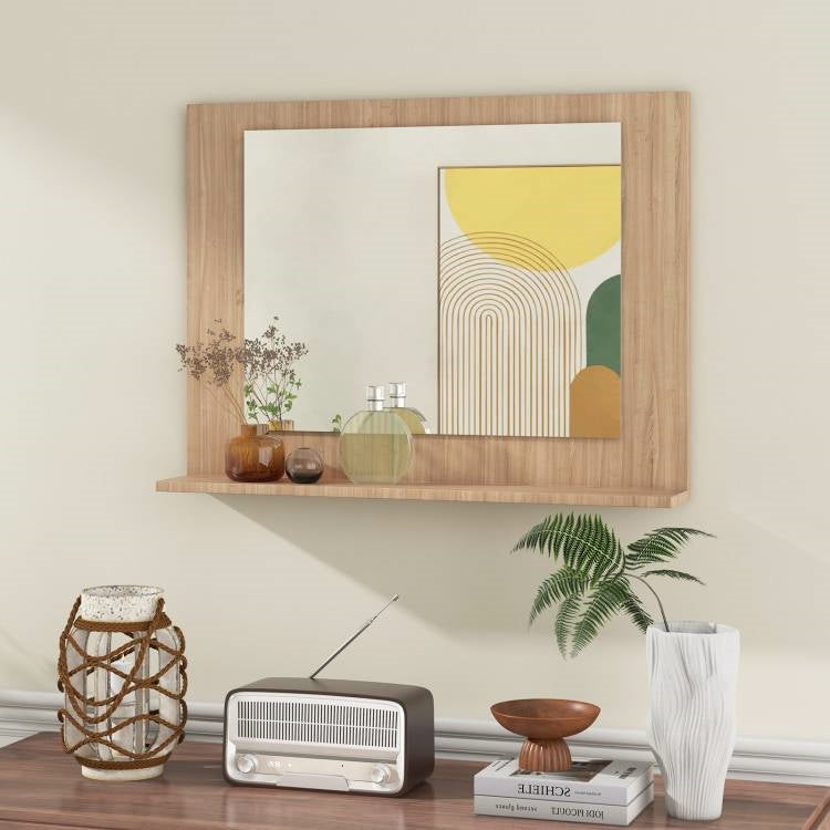 Espejo de pared rectangular para baño de 23 x 17 pulgadas con estante, acabado en madera marrón