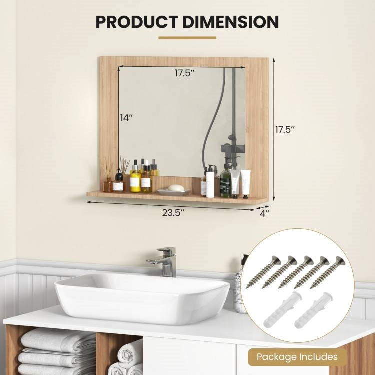 Espejo de pared rectangular para baño de 23 x 17 pulgadas con estante, acabado en madera marrón