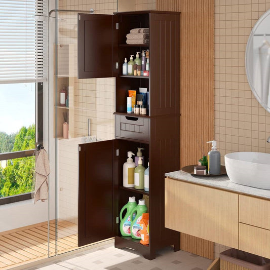Torre de almacenamiento de lino para baño de color marrón oscuro con 2 puertas, cajón y estante