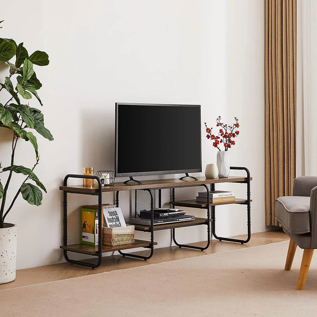 Mueble de TV moderno industrial de metal y madera para televisores de hasta 60 pulgadas