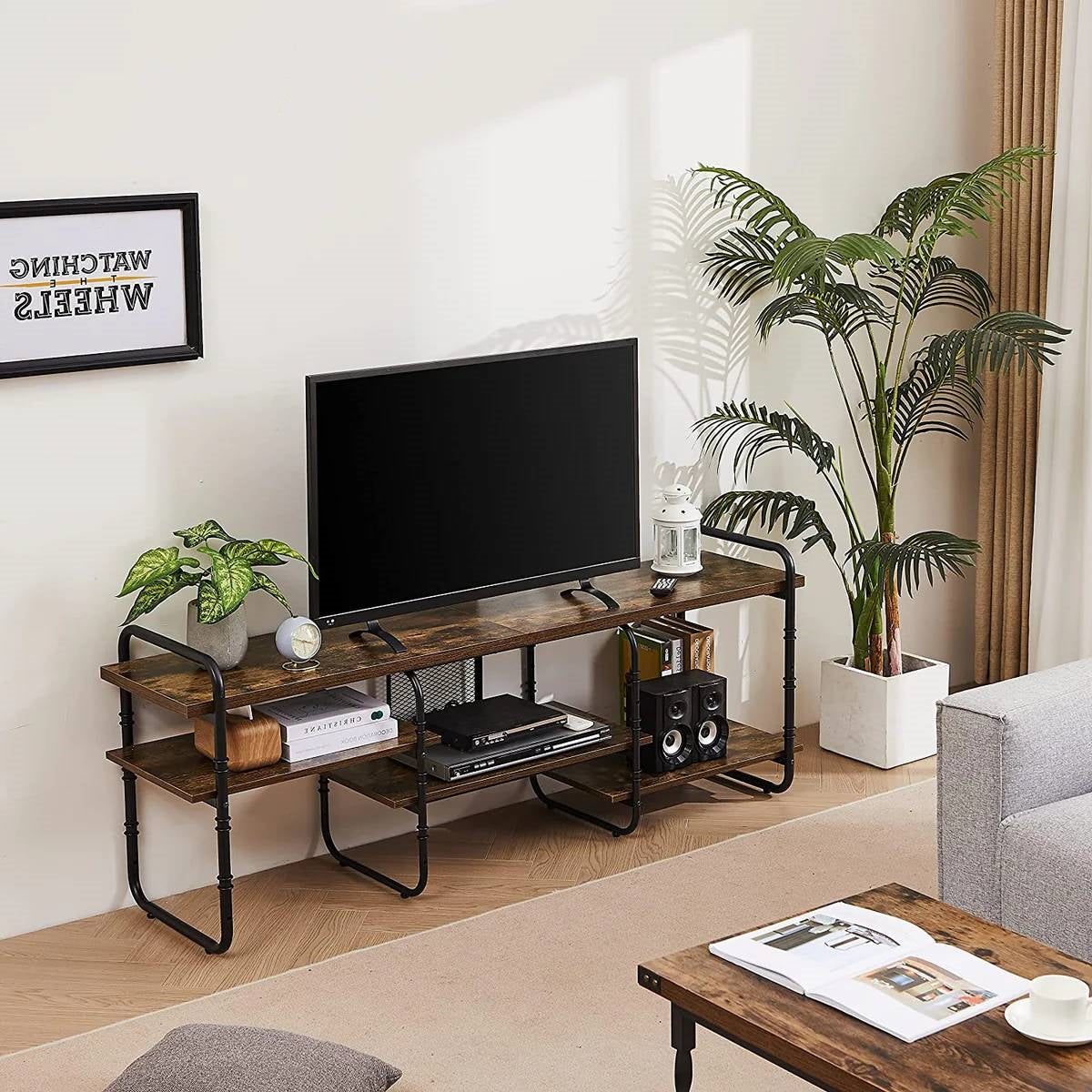 Mueble de TV moderno industrial de metal y madera para televisores de hasta 60 pulgadas