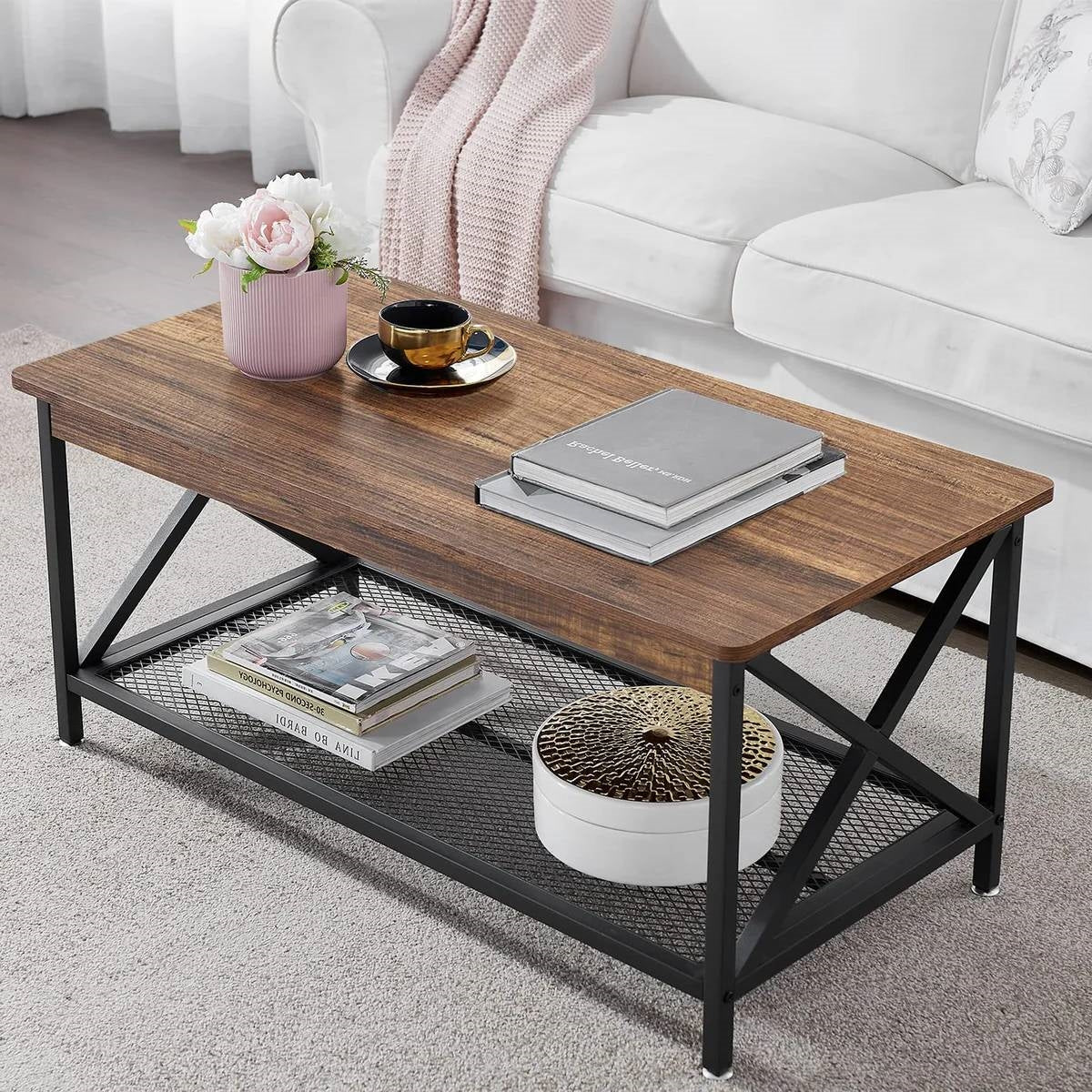 Mesa de centro moderna de metal y madera estilo clásico con estante de almacenamiento inferior