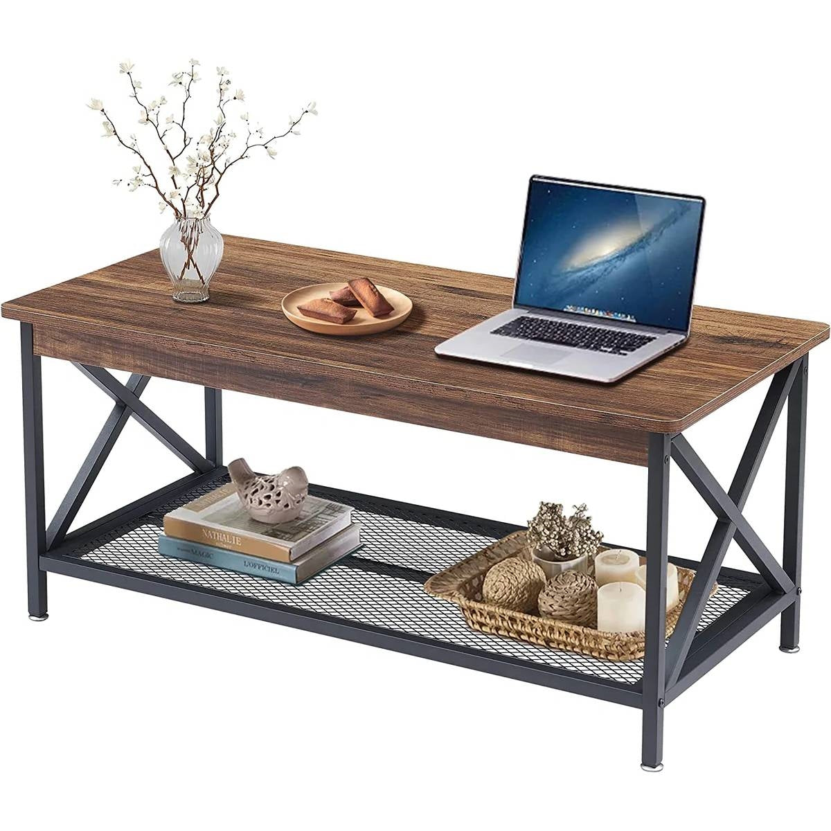 Mesa de centro moderna de metal y madera estilo clásico con estante de almacenamiento inferior