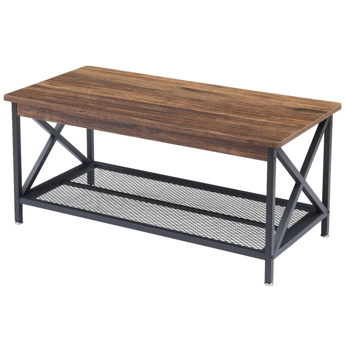 Mesa de centro moderna de metal y madera estilo clásico con estante de almacenamiento inferior